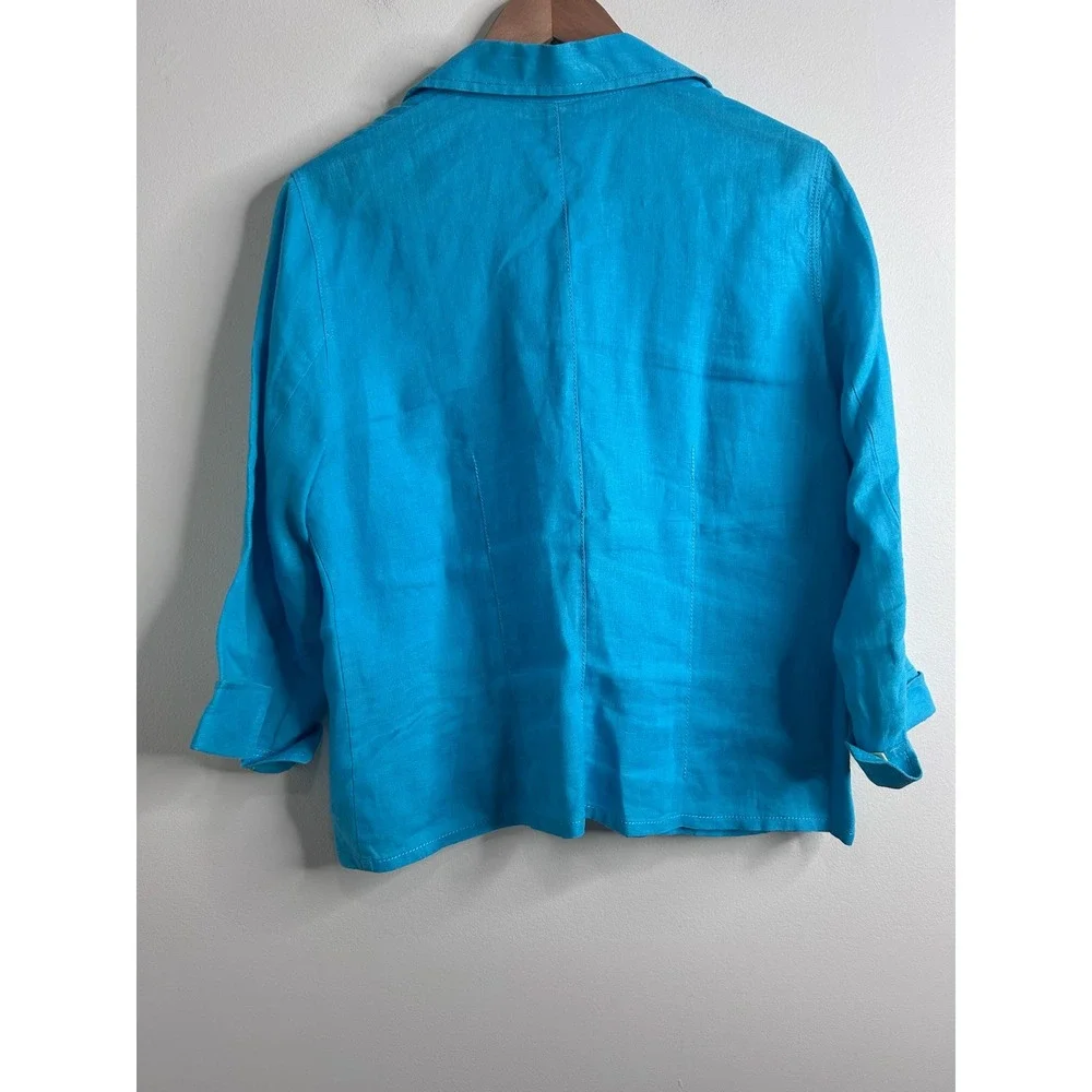 Talbots Irish Linen Jacket Womens 12 Turquoise Blue 3/4 Sleeve‎ Coastal Luxury